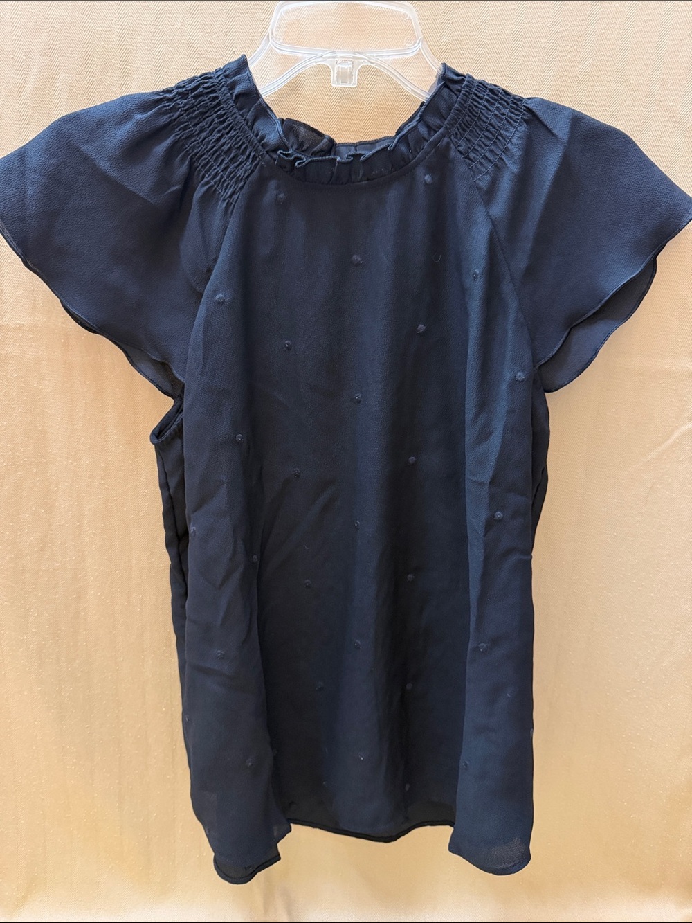 Ann Taylor Black Smocked-Neck Flutter Sleeve Blouse